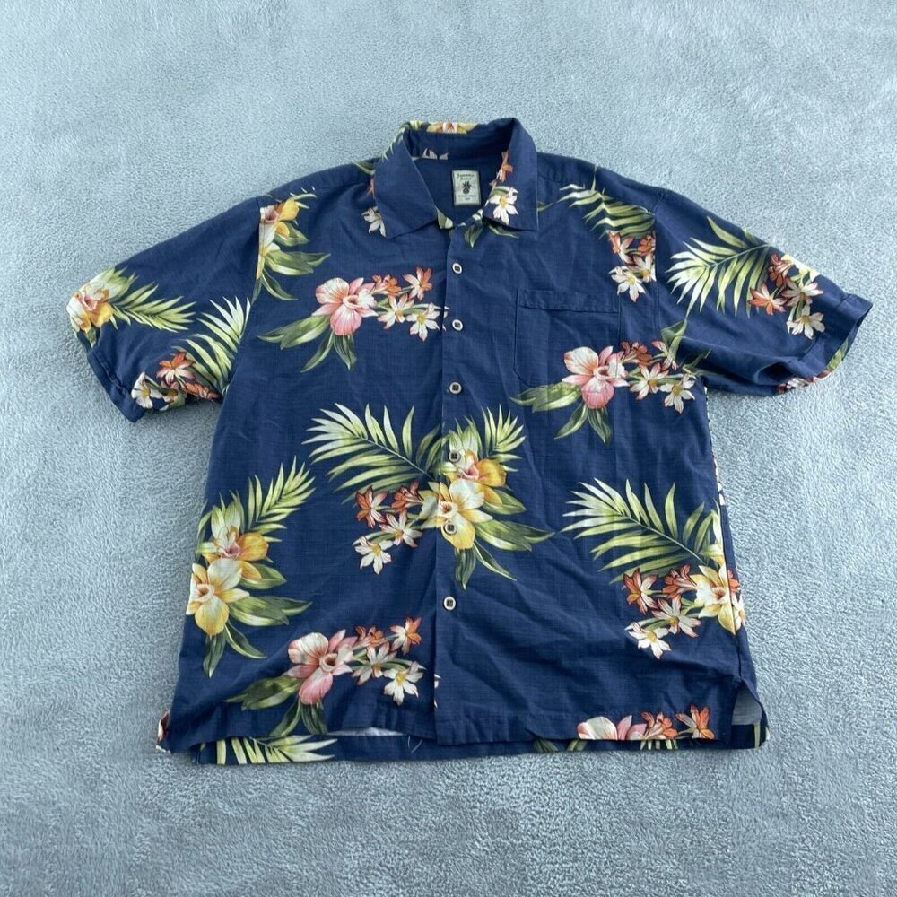 Jamaica Jaxx Mens Large Blue Hawaiian Floral Short Sleeve Button-Up Silk Shirt 2 - Picture 1 of 8